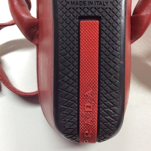 PRADA RED LEATHER WEDGE SANDALS - Picture 11 of 14